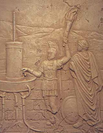 A relief of the Greek hydraulic telegraph of Aeneas, depicting one half of a telegraph system.