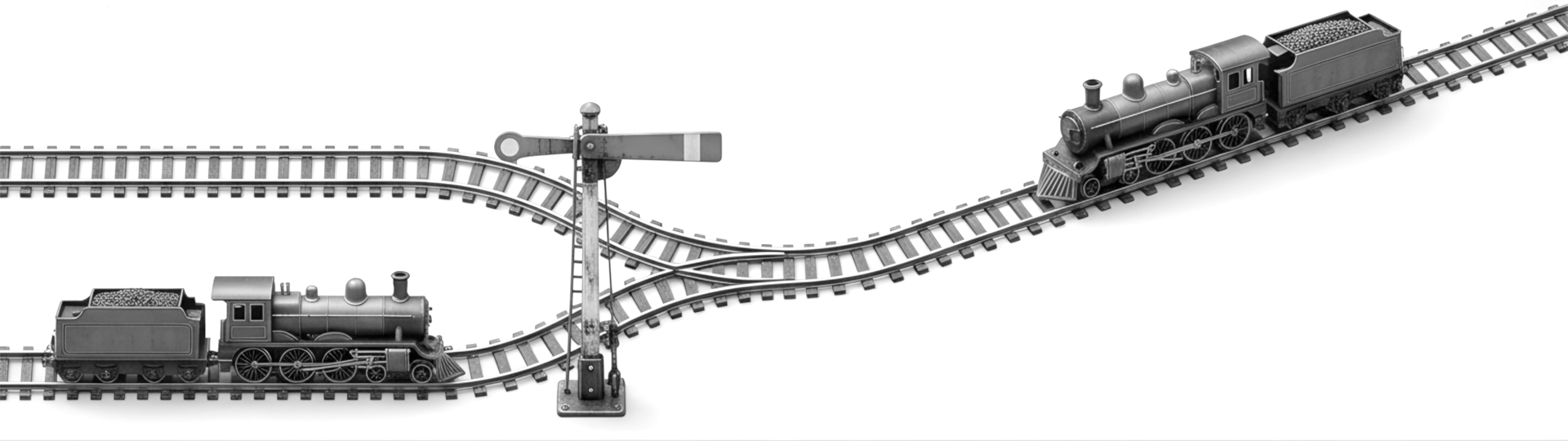 A train waiting at a semaphore signaling ‘busy’.